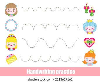 Handwriting practice sheet with cute princesses. Educational children game. Tracing lines. Basic writing worksheet for kids