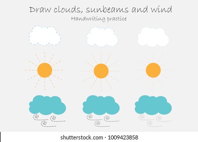 Handwriting practice sheet, draw clouds, sunbeams and wind, kids preschool activity, educational children game, printable worksheet, writing training, vector illustration

