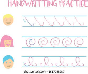 Handwriting practice sheet, draw track of kids in cartoon style, kids preschool activity, educational children game, printable worksheet, writing training. Flat design.