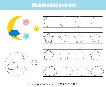Handwriting practice sheet. Educational children game, printable worksheet for kids. Writing training printable worksheet with lines and stars shapes