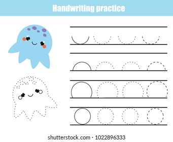 Handwriting practice sheet. Educational children game, printable worksheet for kids. Writing training printable worksheet with arc shapes and cartoon jellyfish