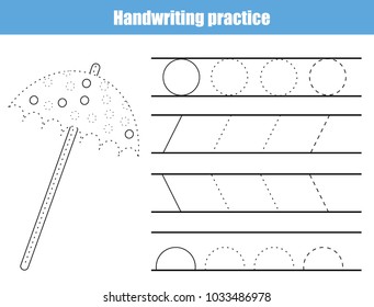 Handwriting practice sheet. Educational children game, printable worksheet for kids. Writing training printable worksheet with arc, circles and lines and umbrella
