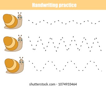 Handwriting practice sheet. Educational children game, printable worksheet for kids. Writing training printable worksheet. Snails and zig zag