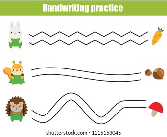 Handwriting practice sheet. Educational children game, printable worksheet for kids. Help animals find food.