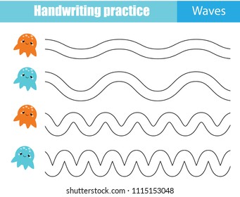 Handwriting practice sheet. Educational children game, printable worksheet for kids. Tracing Waves