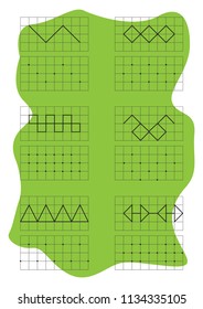Handwriting practice sheet. Educational children game, printable worksheet for kids. Write the same object using dots.