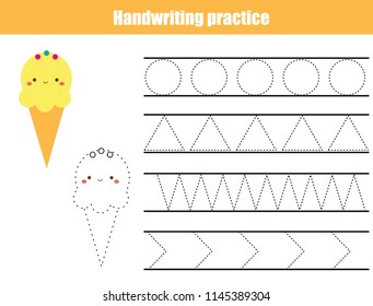 Handwriting Practice Sheet. Educational Children Game, Printable Worksheet For Kids. Tracing Lines And Shapes