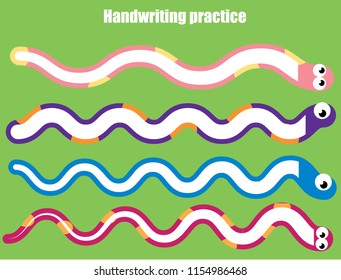 Handwriting practice sheet. Educational children game, printable worksheet for kids. Snakes and wavy lines.