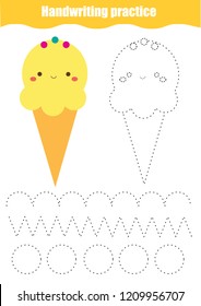 Handwriting practice sheet. Educational children game, printable worksheet for kids. Tracing lines and shapes with cute ice cream character