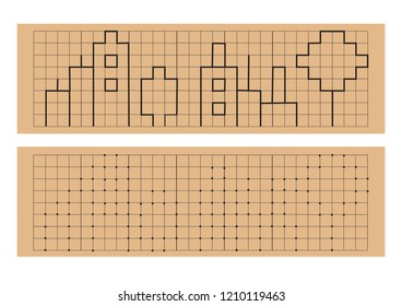Handwriting practice sheet. Educational children game, printable worksheet for kids. Write the same object using dots.
