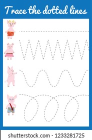 Handwriting practice sheet. Educational children game Trace the line. Vector illustration