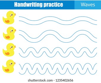Handwriting practice sheet. Educational children game, printable worksheet for kids. Drawing waves.