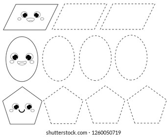 Handwriting Practice Sheet. Educational Children Game, Printable Worksheet For Kids. Tracing Lines. Learning Geometric Shapes For Toddlers. Pentagon, Circle, Parallelogram