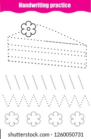 Handwriting practice sheet. Educational children game, printable worksheet for kids. Tracing lines and shapes with cake