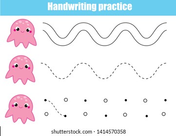 Handwriting practice sheet. Educational children game. Tracing lines with cute ocotopus. early education worksheet for kids