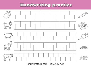 Handwriting practice sheet. Educational children game, restore the dashed line. Writing training printable worksheet. Coloring animals.