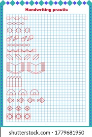 Handwriting practice sheet. Educational children game, printable worksheet for kids. Tracing lines and shapes