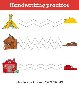 Handwriting practice sheet. Educational children game, restore the dashed line. Handwriting practice sheet. Writing training printable worksheets with houses of three little pigs