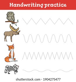 Handwriting practice sheet. Educational children game, restore the dashed line. Handwriting practice sheet. Writing training printable worksheets with