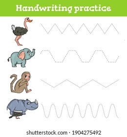 Handwriting practice sheet. Educational children game, restore the dashed line. Handwriting practice sheet. Writing training printable worksheets with ostrich, elephant, monkey, rhino