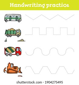 Handwriting practice sheet. Educational children game, restore the dashed line. Handwriting practice sheet. Writing training printable worksheets with bus, dump truck, concrete mixer, bulldozer