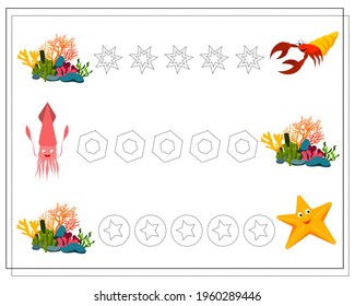 Handwriting practice sheet. Educational children game, restore the dotted line. sea animals crab squi, starfish, coral