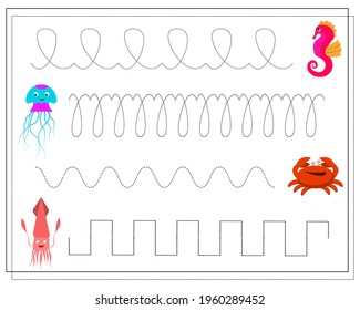 Handwriting practice sheet. Educational children game restore the dotted line. sea animals crab jellyfish squid seahorse