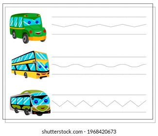 Handwriting practice sheet. Educational children s game, restore the dotted line, a cartoon bus with eyes and a smile of green and yellow color. vector isolated on a white background
