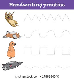 Handwriting practice sheet. Educational children game, restore the dashed line. Handwriting practice sheet. Writing training printable worksheets with