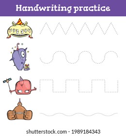 Handwriting practice sheet. Educational children game, restore the dashed line. Handwriting practice sheet. Writing training printable worksheets with