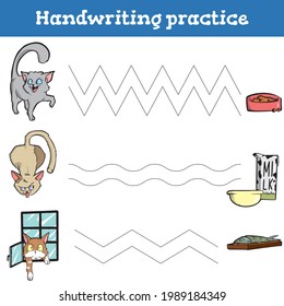 Handwriting practice sheet. Educational children game, restore the dashed line. Handwriting practice sheet. Writing training printable worksheets with