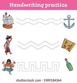 Handwriting practice sheet. Educational children game, restore the dashed line. Handwriting practice sheet. Writing training printable worksheets with