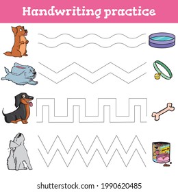 Handwriting practice sheet. Educational children game, restore the dashed line. Handwriting practice sheet. Writing training printable worksheets
