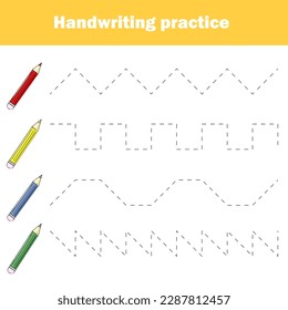 Hoja de prácticas de escritura a mano. Juego infantil educativo, hoja de cálculo imprimible para niños. Escribiendo una hoja de trabajo imprimible para entrenamiento.