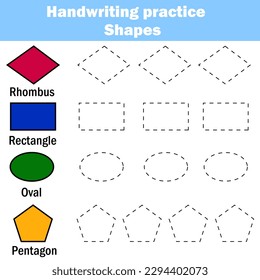 Handwriting practice sheet. Educational children game. Writing training. Kids activity. Learning geometry shapes printable worksheet	
