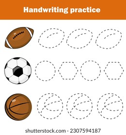 Handwriting practice sheet. Educational children game, printable worksheet for kids. Writing training printable worksheet. Sports theme.