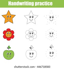 Handwriting practice sheet. Educational children game. Writing training. Connect the dots, restore the dashed line, vector illustration, printable worksheet