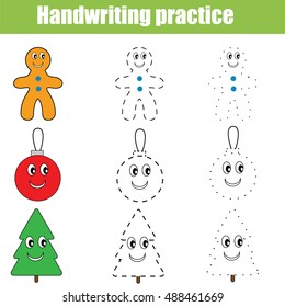 Handwriting practice sheet. Educational children game. Writing training. Printable worksheet for kids, Christmas theme