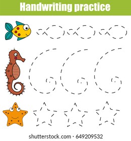 Handwriting practice sheet. Educational children game, restore the dashed line. Writing training printable worksheet with with shapes and sea animals