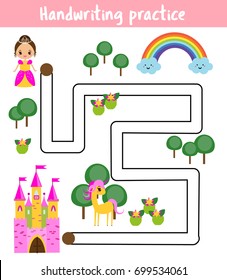 Handwriting practice sheet. Educational children game, printable worksheet for kids. Help princess find road to castle