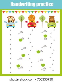 Handwriting practice sheet. Educational children game, printable worksheet for kids. Writing training printable worksheet with with wavy lines and animals