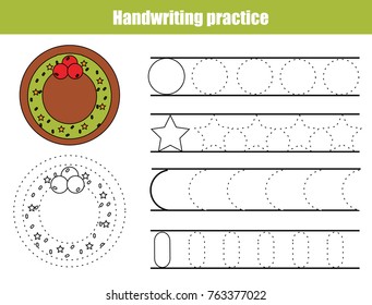 Handwriting practice sheet. Educational children game, tracing circles and stars. Writing training printable worksheet Christmas theme