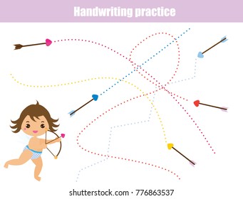 Handwriting practice sheet. Educational children game, tracing lines. Writing training printable worksheet. Valentine's day theme with cute Cupid