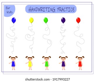 Handwriting practice sheet. Educational children's game. Line tracing for kids and toddlers. Balloon, red, blue, green, yellow, purple. A girl in a dress of different colors. Vector isolated on a whit