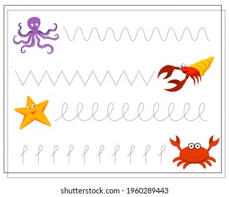 Handwriting practice sheet. Educational childrens game, restore the dotted line. sea animals, crab, octopus, starfish