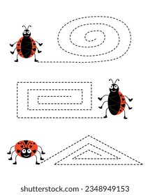 Handwriting practice sheet. Educational ladybug kids game, worksheet for kids. Writing study sheet for print.Vector illustration for print