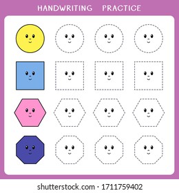 Handwriting practice sheet with geometric shapes. Simple educational game for kids. Vector illustration