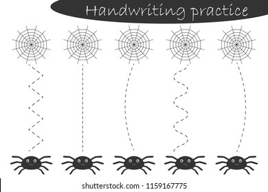 Handwriting practice sheet, halloween theme, cobweb and spiders, kids preschool activity, educational children game, printable worksheet, writing training, vector illustration