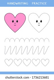 Handwriting practice sheet with hearts and curved lines. Simple educational game for kids. Vector illustration