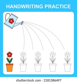 Handwriting practice sheet illustration. Coloring page. Watering flowers from a watering can. Materials for teaching and development of children. Vector illustration